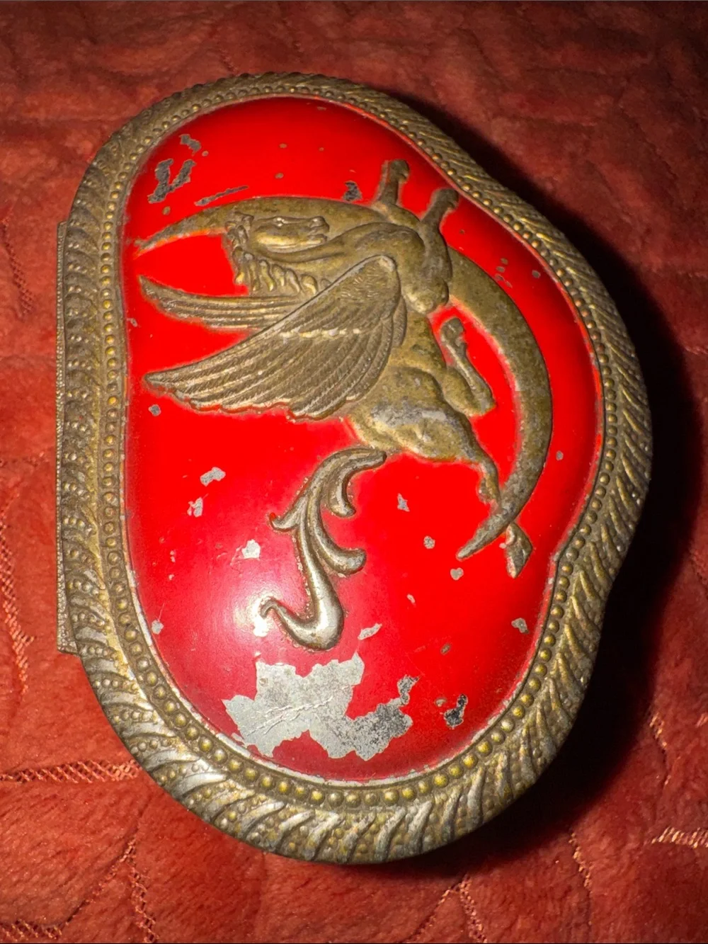 Vintage Ornate Brass & Enamel Pegasus Trinket Box Red Velvet Lined Footed Casket